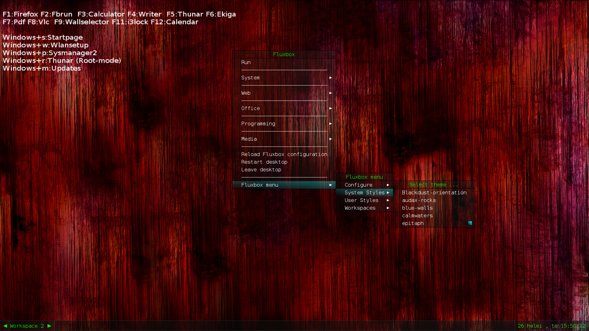 Audax 0.1.4 comes with five Fluxbox themes and six wallpapers all designed by me.